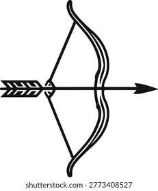 A vertical recurve bow with a nocked arrow, bold and sharp black and white vector illustration