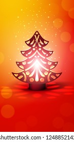 Vertical red background with a burning lamp in the form of a Christmas tree. Wallpaper for smartphone or background for stories