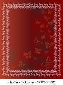 Vertical red background with butterflies and white decorative pattern frame around. Greeting card template. Universal artistic design