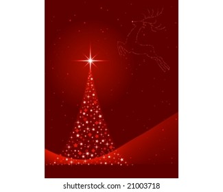 Vertical red background for Christmas, New Years Eve showing a Christmas tree made of stars and the silhouette of a reindeer in the sky. Global colors, blends.