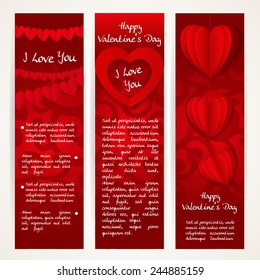 Vertical red banners set with garlands of paper hearts for Valentine's Day