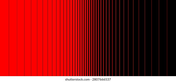 Vertical red and black striped lines create a hypnotic rhythmic pattern that gradually transitions from wide, evenly spaced bars to narrow, densely packed stripes. The increasing frequency of the lines produces a visual effect similar to a sound wave, equalizer display, or accelerating motion, making this abstract composition ideal for technology, music, and audio-related projects. Bold contrasting colors and a minimalist geometric style give the design a modern, energetic feel suitable for banners, backgrounds, posters, and digital media. This vector illustration works well as a seamless texture element for web design, presentations, and futuristic branding concepts.