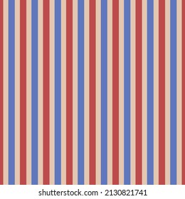 Vertical red, blue and beige stripes background. Seamless and repeating pattern. Editable template. Vector illustration.