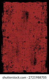 Fondo de lona rojo Vertical con pesados arañazos de textura de grunge afligido negro y un marco de borde desgastado oscuro