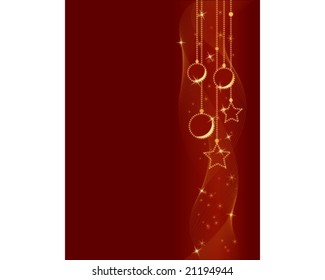 Vertical red Christmas background showing Christmas balls and stars with underlying wavy lines. Global colors, blends.
