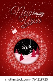 Vertical red Christmas card. White Christmas ball made of snowflakes with a picture inside night winter forest text Merry Christmas 2018.