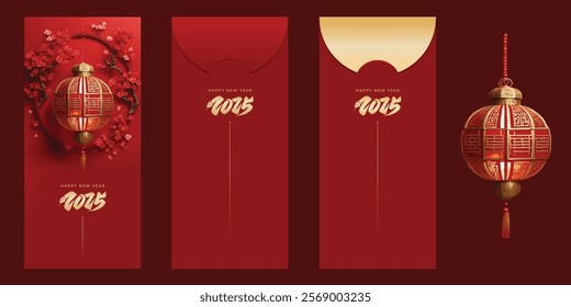 Vertical red envelope. Lunar new year elements material design. Elegant oriental illustration for cover, poster, red envelope, calendar, banner, website, social media. with modern lantern.