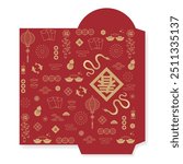 Vertical red envelope template. Happy Chinese New Year 2025. Golden Year of the Snake totem and traditional Chinese auspicious patterns. (Translation : Spring and Blessing)