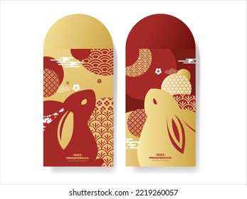 Vertical red envelope template with modern luxury bunny pattern. Funny cute rabbit elements and gold coins design, 2023 Chinese lunar new year material. 