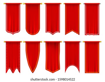 Vertical red flags or banners. Set of isolated realistic pennant. 3d hanging fabric on pole or spire. Blank or empty background for sport events, heraldic triangle and rectangle champion signs