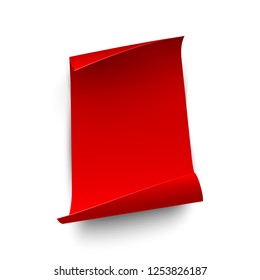 Vertical red paper sheet with curled edges isolated on transparent background. Vector design element