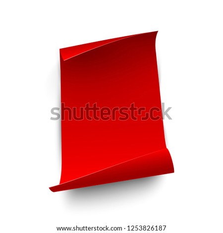 Vertical red paper sheet with curled edges isolated on transparent background. Vector design element