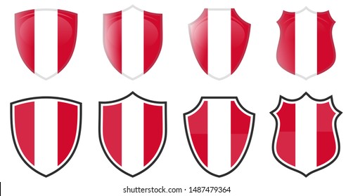 Vertical red and white Austria flag in shield shape, four 3d and simple versions. Austrian icon / sign