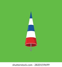 Vertical red white and blue striped wind sock pointing upwards isolated on a solid green background, for meteorological weather, and wind direction use
