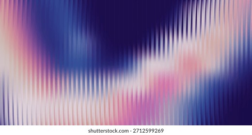 Vertical reeded glass wave background, fluid blue pink gradient flow with soft white haze and smooth distortion, elegant abstract surface, vector illustration