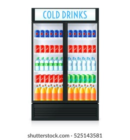 Vertical refrigerator template with closed door transparent glass cola and other beverages inside isolated vector illustration