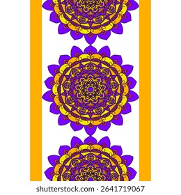 Vertical Repeat Mandala Border in Yellow and Purple.A vibrant vertical seamless border featuring colorful mandalas in bright yellow and purple, framed by orange stripes. 