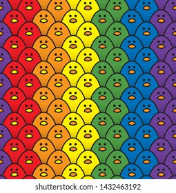 Vertical Repeating Double Row Pattern of Staring Cute Little Chicks in Rainbow Colours of the LGBT Pride Flag