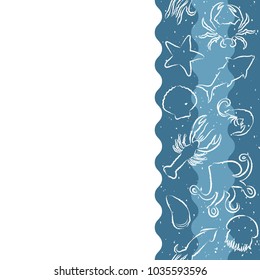 Vertical repeating pattern with seafood products. Seafood seamless banner with underwater contour animals. Tile design for restaurant menu, fish food industry or market shop.