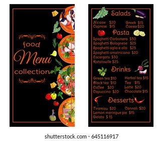 Vertical restaurant menu with hand drawn dishes and ingredients. Food menu collection.
