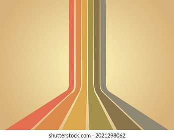 Vertical retro brown background featuring vibrant rainbow lines rising upward from the ground. A colorful, shining wall design that blends vintage style with bright, dynamic energy and modern flair.