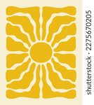 Vertical retro groovy background with bright sunburst in style 60s, 70s. Trendy colorful graphic print. Vector illustration
