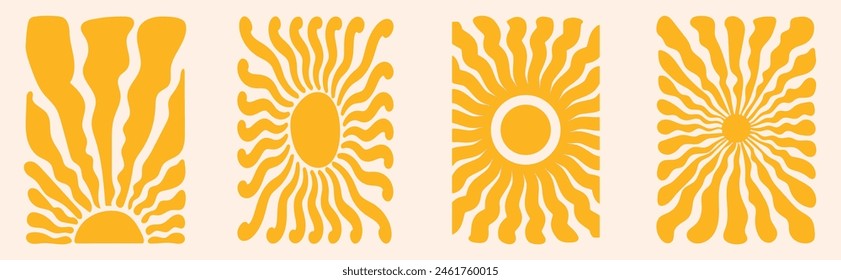 Vertical retro groovy background with bright sunburst in style 60s, 70s. Trendy  yellow color graphic print. Vector illustration