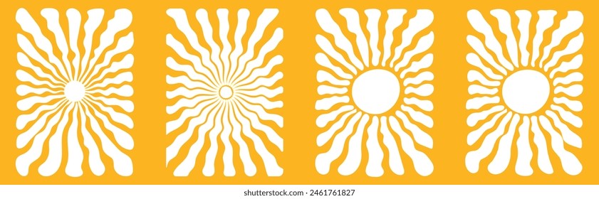 Vertical retro groovy background with bright sunburst in style 60s, 70s. Trendy white color graphic print. Vector illustration. eps 10