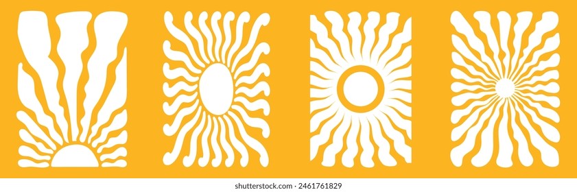 Vertical retro groovy background with bright sunburst in style 60s, 70s. Trendy white color graphic print. Vector illustration. eps 10