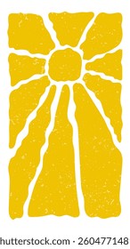Vertical retro groovy background with bright sunburst in style 60s, 70s. Trendy yellow color graphic print. Vector stock illustration