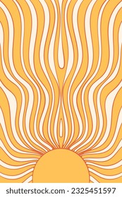 Fondo retro vertical de groovía con explosión de sol en estilo 60, 70. Impresión gráfica colorida a la moda con el sol. Ilustración hippie vintage. Buenas vibraciones