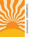 Vertical Retro Groovy Sunset or Sunrise Landscape with Wavy Orange and Yellow Sunburst Abstract Background