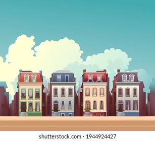 vertical retro poster two-story house city building on a city street with a main entrance