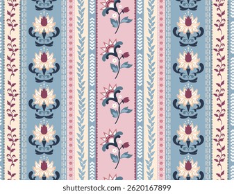 Vertical Retro Seamless Pattern. Striped botanical repeating ornament with paisley and vintage floral motifs. Decorative design element for wallpaper, wrapping and textiles. Flat vector illustration