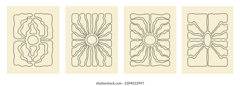 Vertical retro set groovy backgrounds with linear sunburst in style 60s, 70s. Trendy aesthetic graphic print. Vector illustration