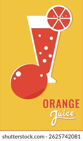 Vertical retro-inspired promotional poster for orange juice, featuring vibrant risograph-style colors and minimalist geometric design. Perfect for vintage-themed and summer branding materials.