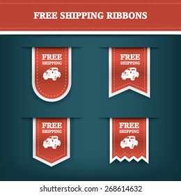 Vertical ribbon bookmarks, tags, stickers for free shipping or delivery. E-shop website elements. Advertising sales. Eps10 vector illustration