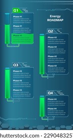 Vertical roadmap for game project with energy tank and quarters connected by pipes on blue background. Timeline infographic template for business presentation. Vector illustration.