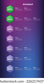 Vertical roadmap with hexagon stages on purple blue background. Timeline infographic template for business presentation. Vector illustration.