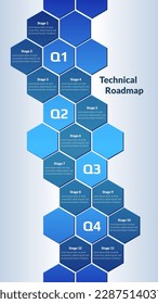 Vertical roadmap with honeycombs on light background. Timeline infographic template for business presentation. Vector illustration.