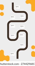 A vertical roadmap infographic featuring a winding road with nine numbered milestones and yellow abstract shapes. Ideal for business process timelines and project development steps.