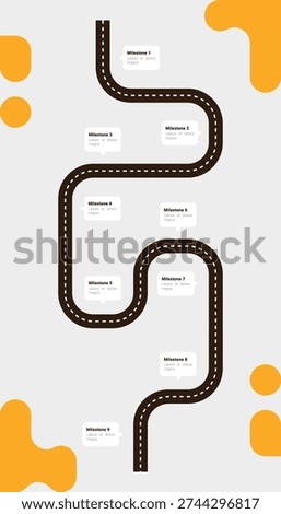 A vertical roadmap infographic featuring a winding road with nine numbered milestones and yellow abstract shapes. Ideal for business process timelines and project development steps.