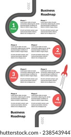 Vertikale Roadmap mit kurvenreicher Straße mit Meilensteinen und Rakete auf weißem Hintergrund. Infografische Zeitleiste für die Präsentation von Unternehmen. Vektorgrafik.