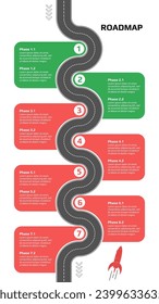 Vertical roadmap with winding road with milestones and rocket on white background. Infographic timeline template for business presentation. Vector illustration.