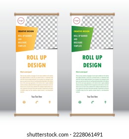 Diseño de banner de enrollamiento vertical en color verde y amarillo, maquillaje de plantillas de folletos, adecuado para eventos empresariales y sociales