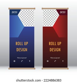 Vertical roll up banner design in red and blue color, brochure template mockup