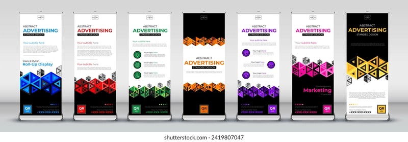 vertical Roll up banner for show display mock up, presentation, events, exhibition, trade, advertising designs in blue, red, green, orange, purple, pink and yellow print ready colors
