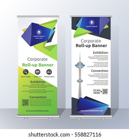 Vertical Roll Up Banner Template Design for Announce and Advertising. Abstract Green and Blue Layout Template.  Vector illustration
