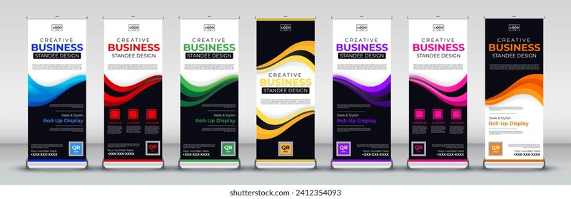 vertical roll up standee banner design for Streets, events, presentations, meetings, annual events, exhibitions in red, green, blue, yellow, orange, purple and orange