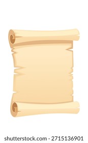 Rollo de pergamino laminado en Vertical con tapa de madera. Papel beige antiguo parcialmente desenrollado con superficie en blanco. Diseño clásico medieval de documentos. Plantilla de manuscrito antiguo para texto. Ilustración vectorial